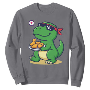 Cute Dinosaur Eating Chicken Nuggets Sweatshirt Food Humor Gift TS12 Charcoal Print Your Wear