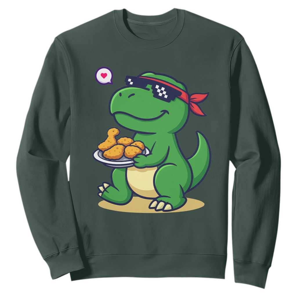 Cute Dinosaur Eating Chicken Nuggets Sweatshirt Food Humor Gift TS12 Dark Forest Green Print Your Wear