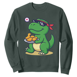 Cute Dinosaur Eating Chicken Nuggets Sweatshirt Food Humor Gift TS12 Dark Forest Green Print Your Wear