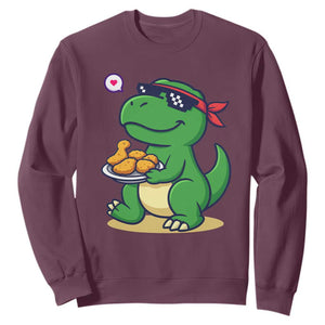 Cute Dinosaur Eating Chicken Nuggets Sweatshirt Food Humor Gift TS12 Maroon Print Your Wear