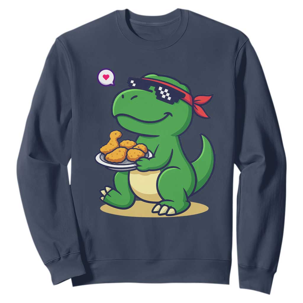Cute Dinosaur Eating Chicken Nuggets Sweatshirt Food Humor Gift TS12 Navy Print Your Wear