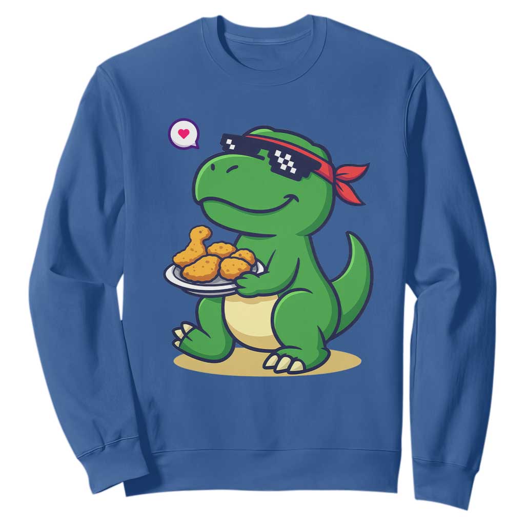 Cute Dinosaur Eating Chicken Nuggets Sweatshirt Food Humor Gift TS12 Royal Blue Print Your Wear