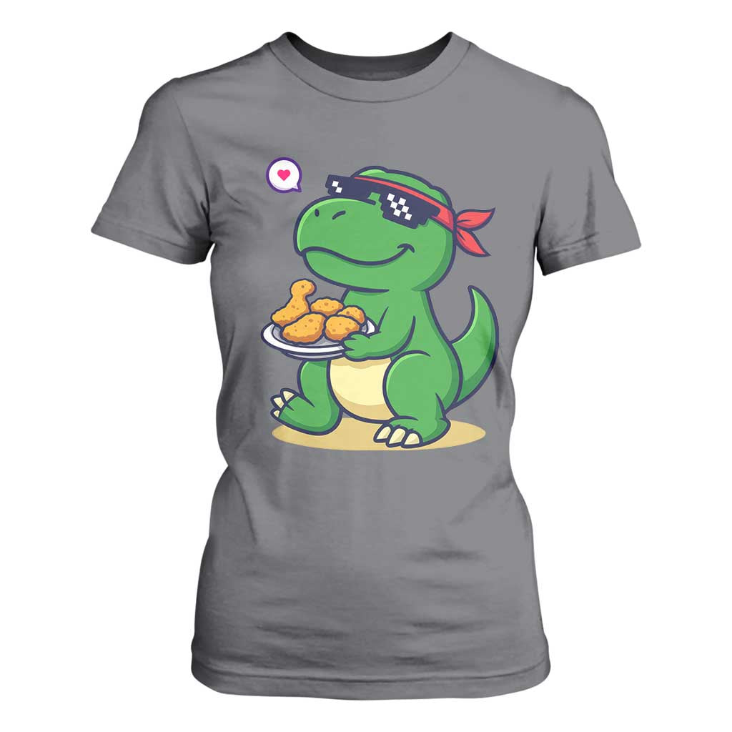Cute Dinosaur Eating Chicken Nuggets T Shirt For Women Food Humor Gift TS12 Charcoal Print Your Wear