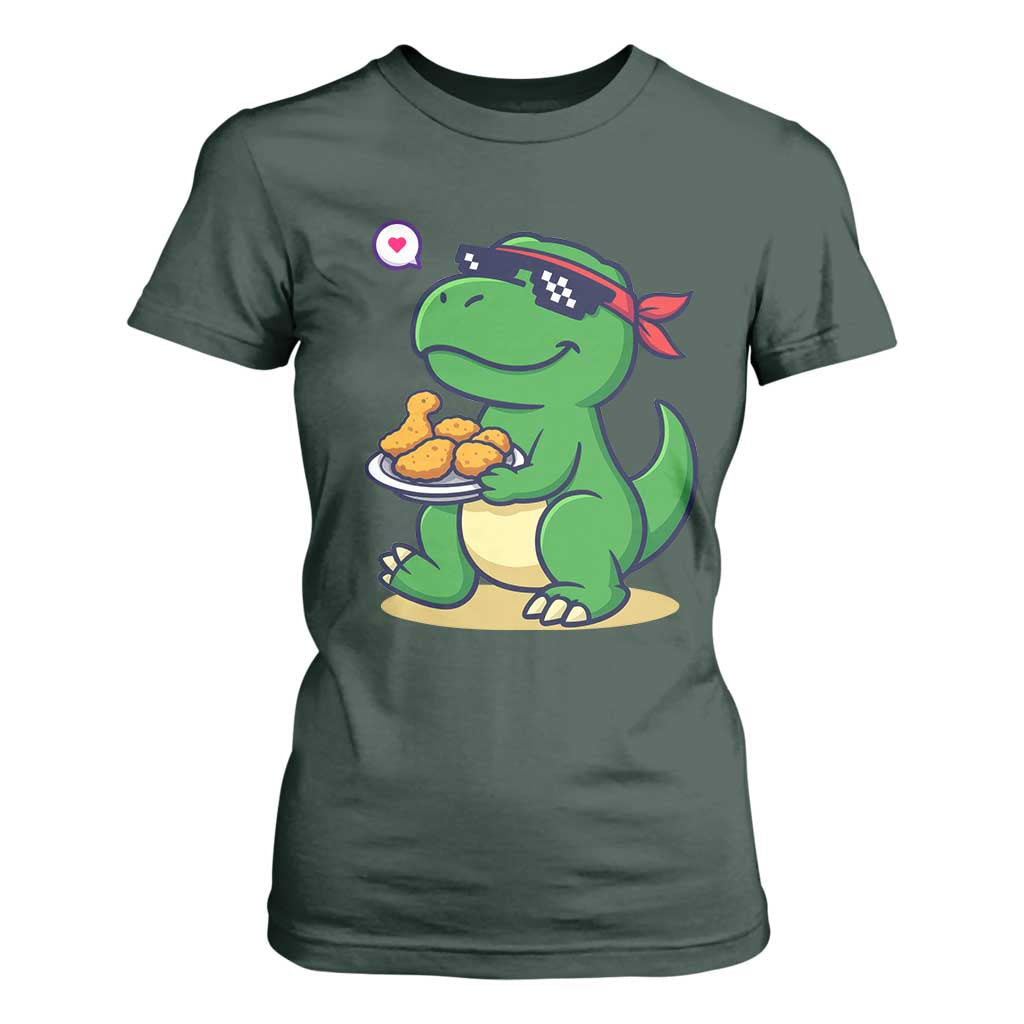 Cute Dinosaur Eating Chicken Nuggets T Shirt For Women Food Humor Gift TS12 Dark Forest Green Print Your Wear