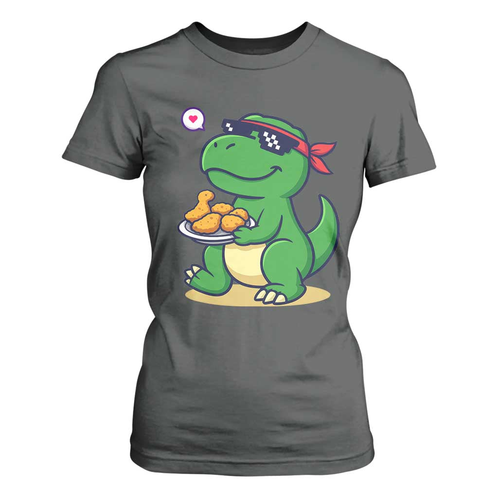 Cute Dinosaur Eating Chicken Nuggets T Shirt For Women Food Humor Gift TS12 Dark Heather Print Your Wear