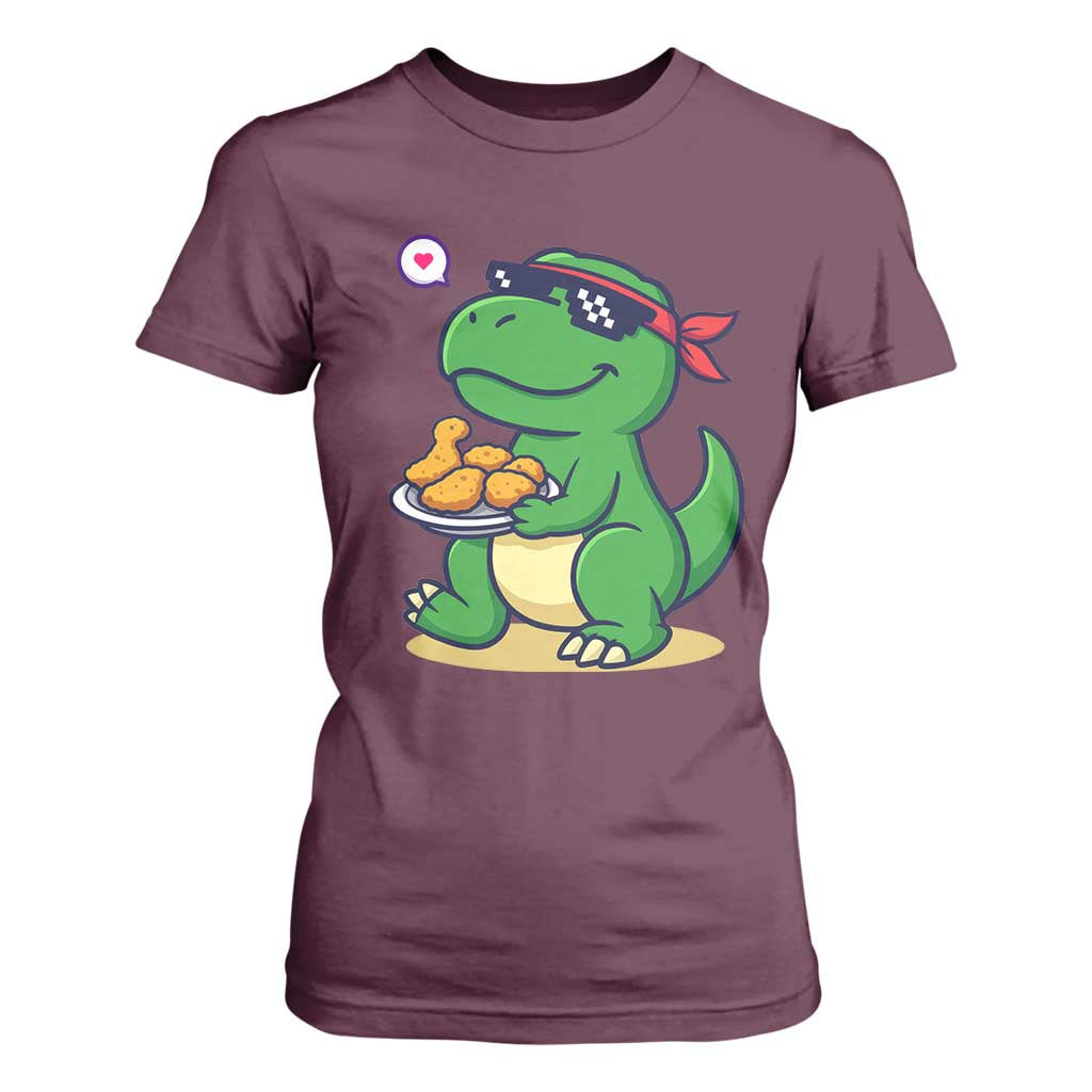 Cute Dinosaur Eating Chicken Nuggets T Shirt For Women Food Humor Gift TS12 Maroon Print Your Wear