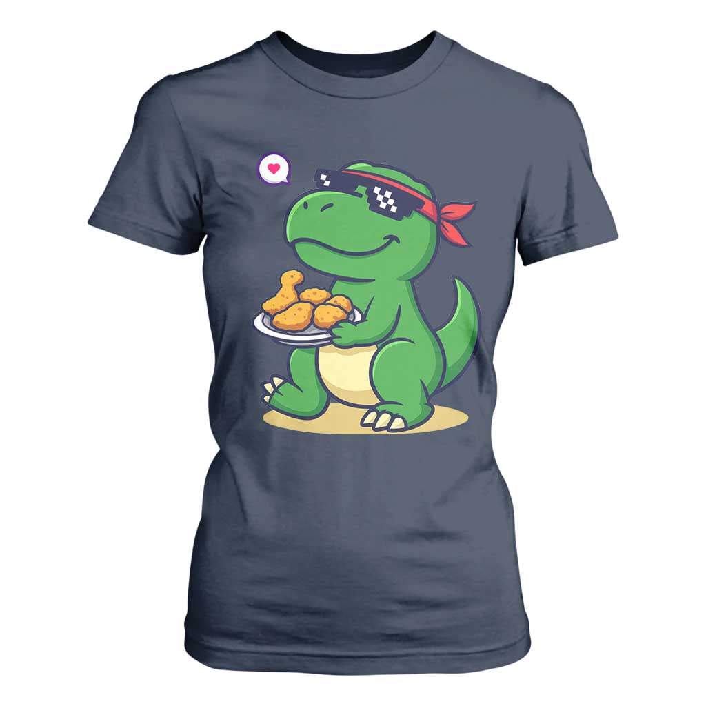 Cute Dinosaur Eating Chicken Nuggets T Shirt For Women Food Humor Gift TS12 Navy Print Your Wear