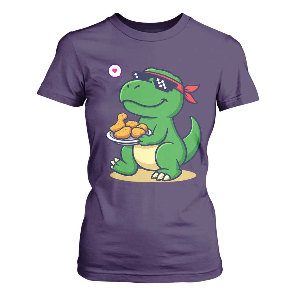 Cute Dinosaur Eating Chicken Nuggets T Shirt For Women Food Humor Gift TS12 Purple Print Your Wear