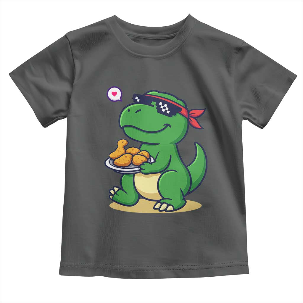 Cute Dinosaur Eating Chicken Nuggets Toddler T Shirt Food Humor Gift TS12 Dark Heather Print Your Wear
