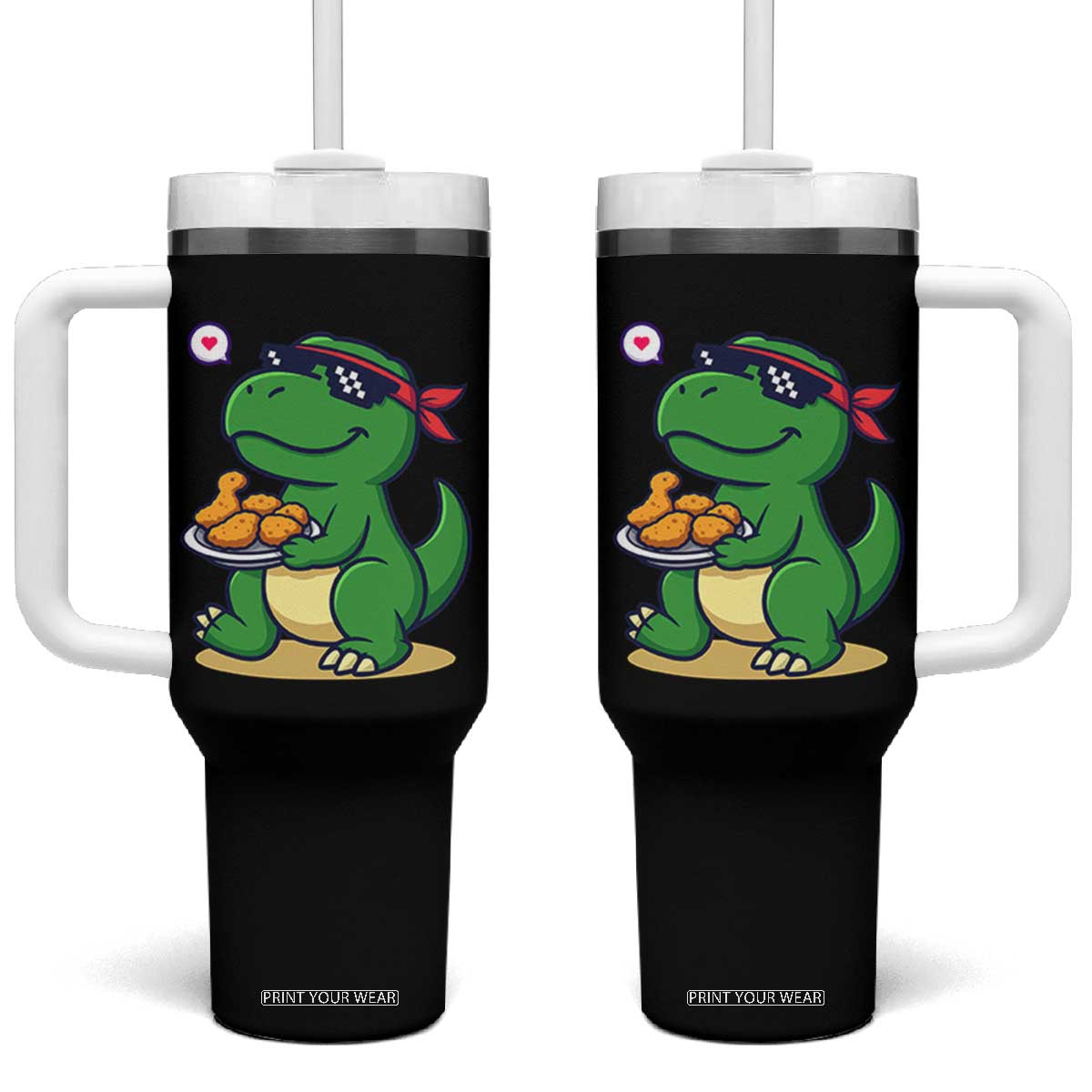 Cute Dinosaur Eating Chicken Nuggets Tumbler With Handle Food Humor Gift TS12 One Size: 40 oz Black Print Your Wear