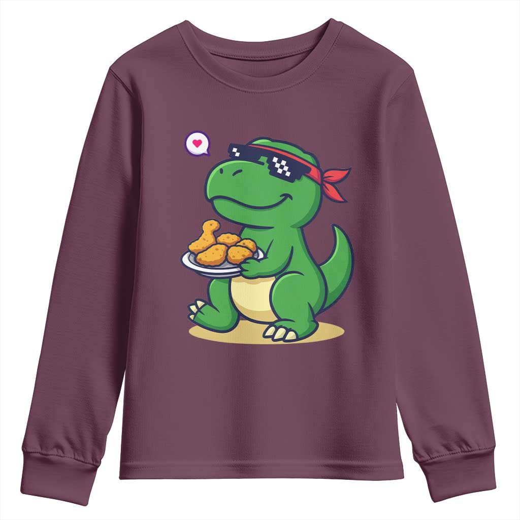 Cute Dinosaur Eating Chicken Nuggets Youth Sweatshirt Food Humor Gift TS12 Maroon Print Your Wear