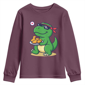 Cute Dinosaur Eating Chicken Nuggets Youth Sweatshirt Food Humor Gift TS12 Maroon Print Your Wear
