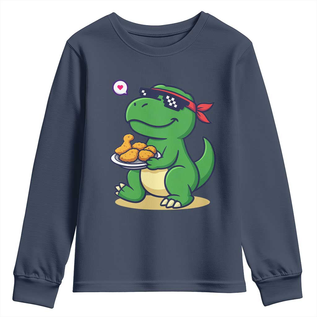Cute Dinosaur Eating Chicken Nuggets Youth Sweatshirt Food Humor Gift TS12 Navy Print Your Wear