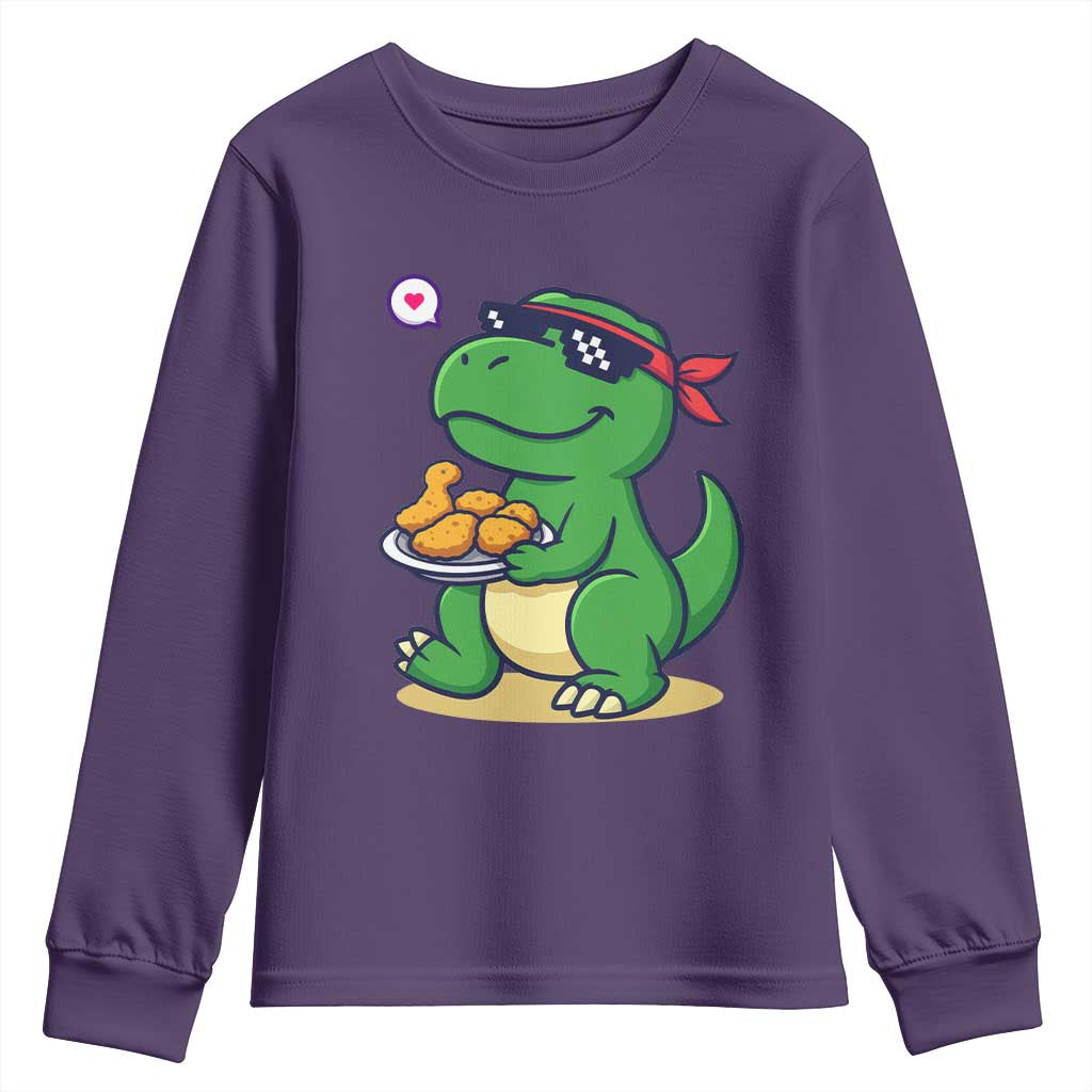 Cute Dinosaur Eating Chicken Nuggets Youth Sweatshirt Food Humor Gift TS12 Purple Print Your Wear