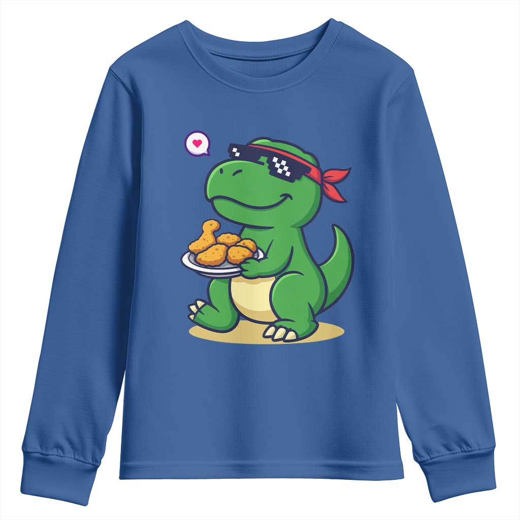 Cute Dinosaur Eating Chicken Nuggets Youth Sweatshirt Food Humor Gift TS12 Royal Blue Print Your Wear