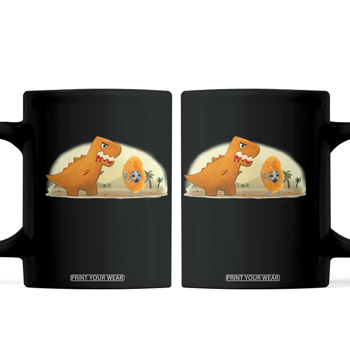 Dino Nuggets Chasing Cat Coffee Mug Funny Nugget Lover Gift TS12 Black Print Your Wear