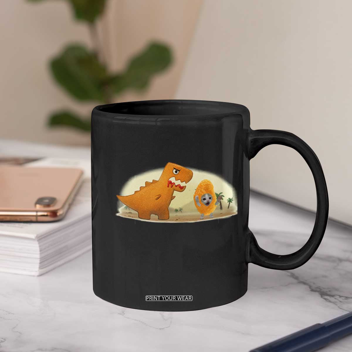 Dino Nuggets Chasing Cat Coffee Mug Funny Nugget Lover Gift TS12 Print Your Wear