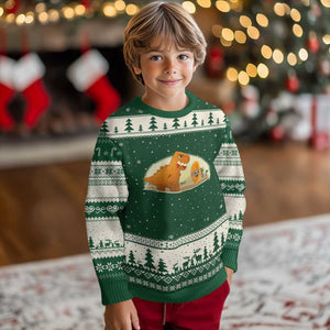 Dino Nuggets Chasing Cat Ugly Christmas Sweater Funny Nugget Lover Gift TS12 Forest Green Beige Print Your Wear