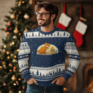 Dino Nuggets Chasing Cat Ugly Christmas Sweater Funny Nugget Lover Gift TS12 Navy Beige Print Your Wear