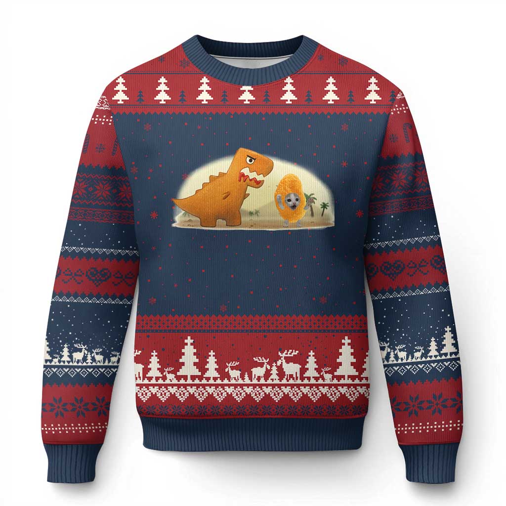 Dino Nuggets Chasing Cat Ugly Christmas Sweater Funny Nugget Lover Gift TS12 Navy Red Print Your Wear