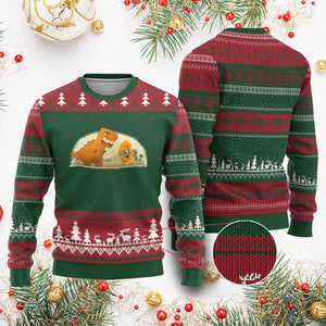 Dino Nuggets Chasing Cat Ugly Christmas Sweater Funny Nugget Lover Gift TS12 Red Green Print Your Wear