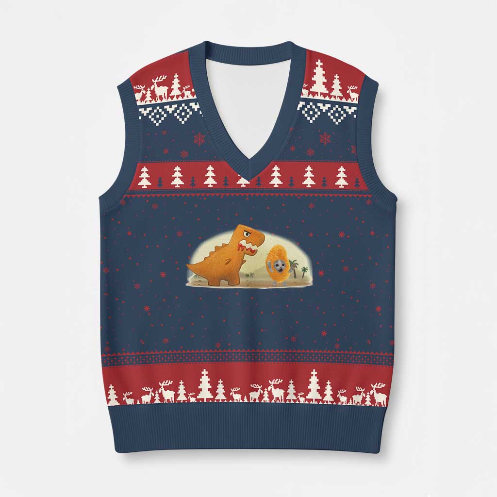 Dino Nuggets Chasing Cat V-Neck Knit Sweater Vest Funny Nugget Lover Gift TS12 Navy Red Print Your Wear
