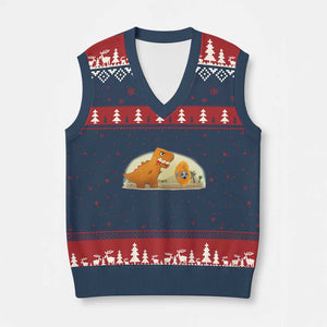 Dino Nuggets Chasing Cat V-Neck Knit Sweater Vest Funny Nugget Lover Gift TS12 Navy Red Print Your Wear