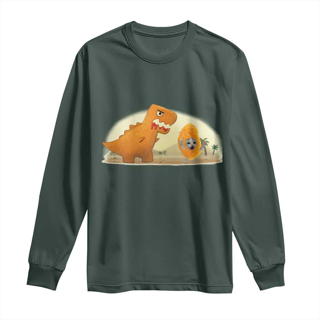 Dino Nuggets Chasing Cat Long Sleeve Shirt Funny Nugget Lover Gift TS12 Dark Forest Green Print Your Wear