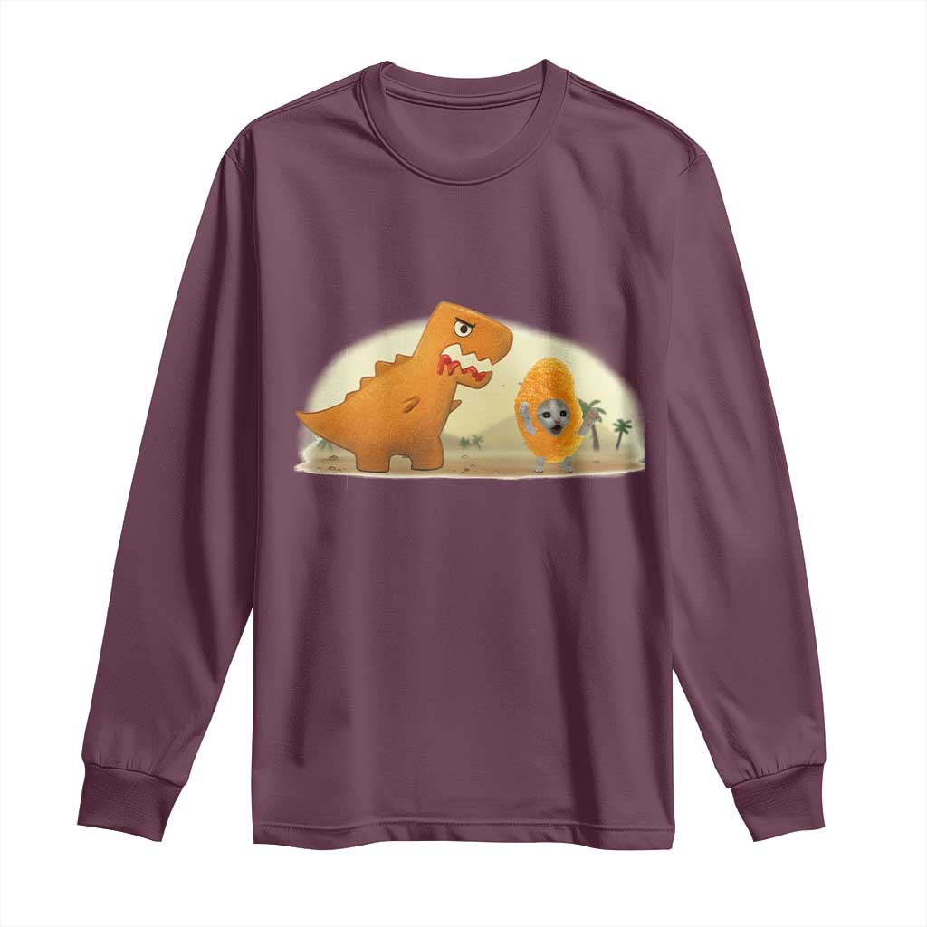Dino Nuggets Chasing Cat Long Sleeve Shirt Funny Nugget Lover Gift TS12 Maroon Print Your Wear