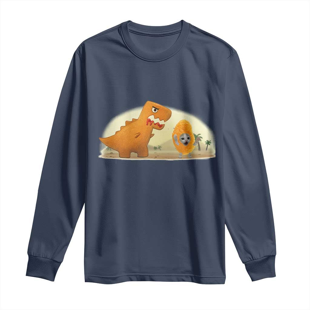 Dino Nuggets Chasing Cat Long Sleeve Shirt Funny Nugget Lover Gift TS12 Navy Print Your Wear