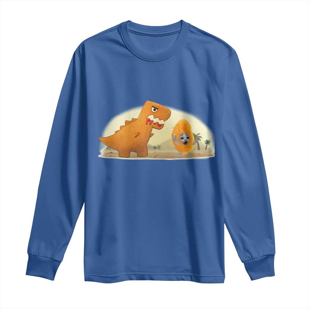 Dino Nuggets Chasing Cat Long Sleeve Shirt Funny Nugget Lover Gift TS12 Royal Blue Print Your Wear