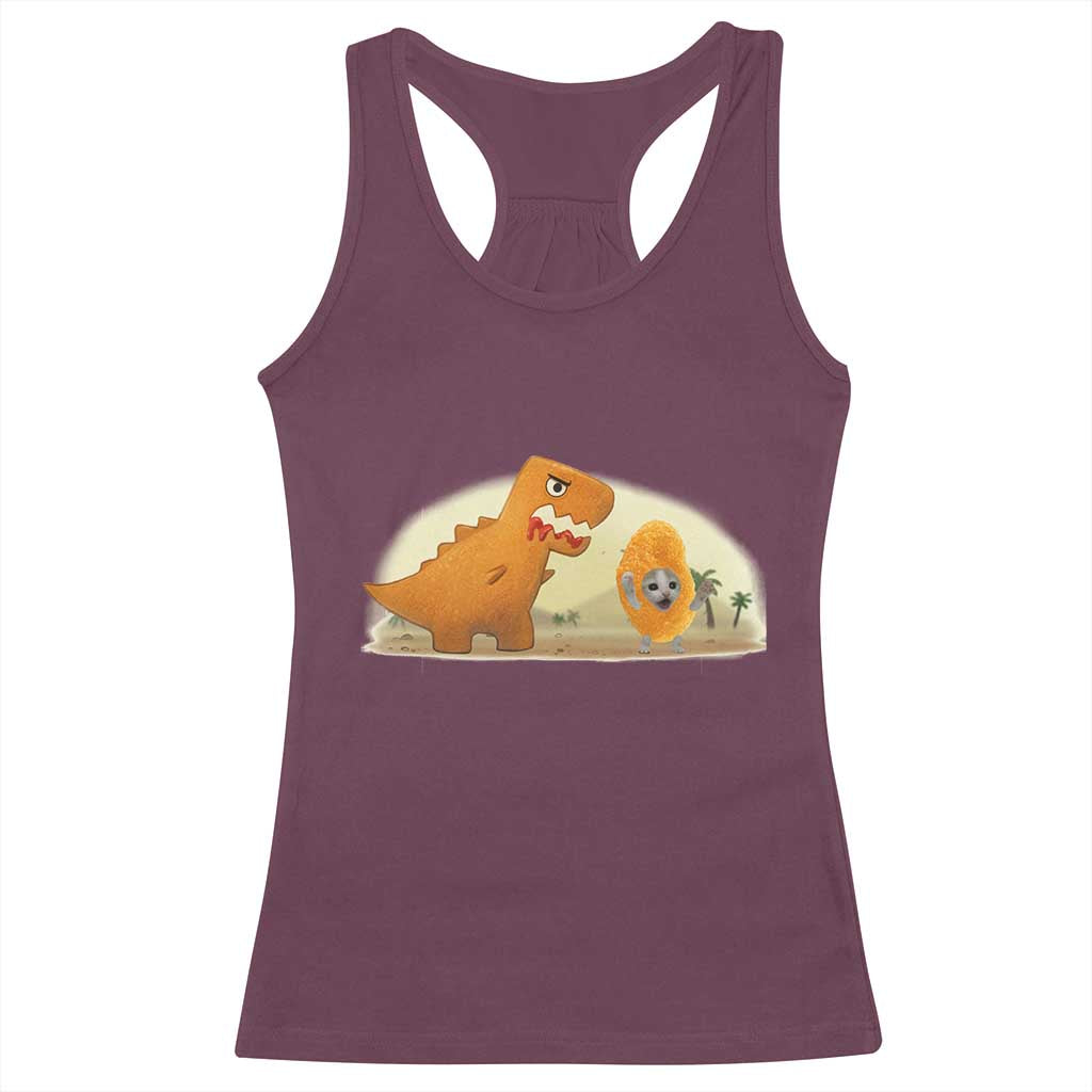 Dino Nuggets Chasing Cat Racerback Tank Top Funny Nugget Lover Gift TS12 Maroon Print Your Wear