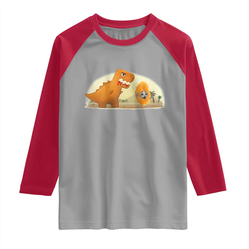 Dino Nuggets Chasing Cat Raglan Shirt Funny Nugget Lover Gift TS12 Sport Gray Red Print Your Wear