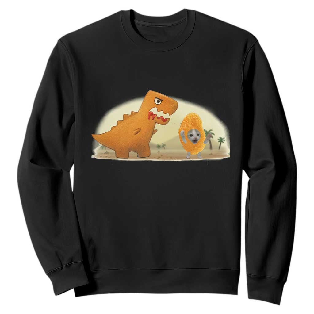 Dino Nuggets Chasing Cat Sweatshirt Funny Nugget Lover Gift TS12 Black Print Your Wear