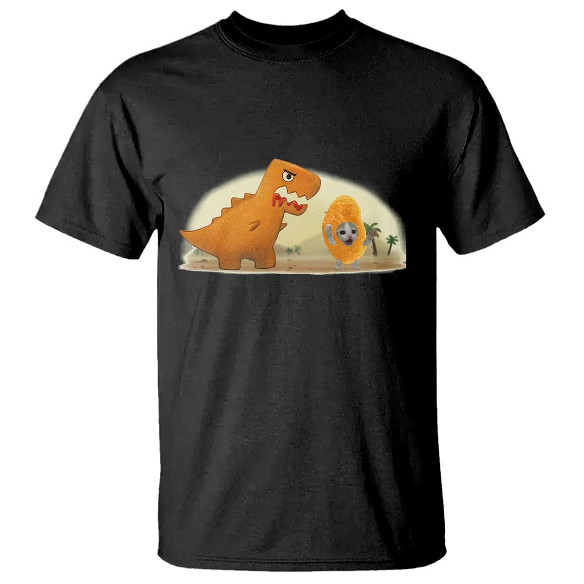 Dino Nuggets Chasing Cat T Shirt Funny Nugget Lover Gift TS12 Black Print Your Wear