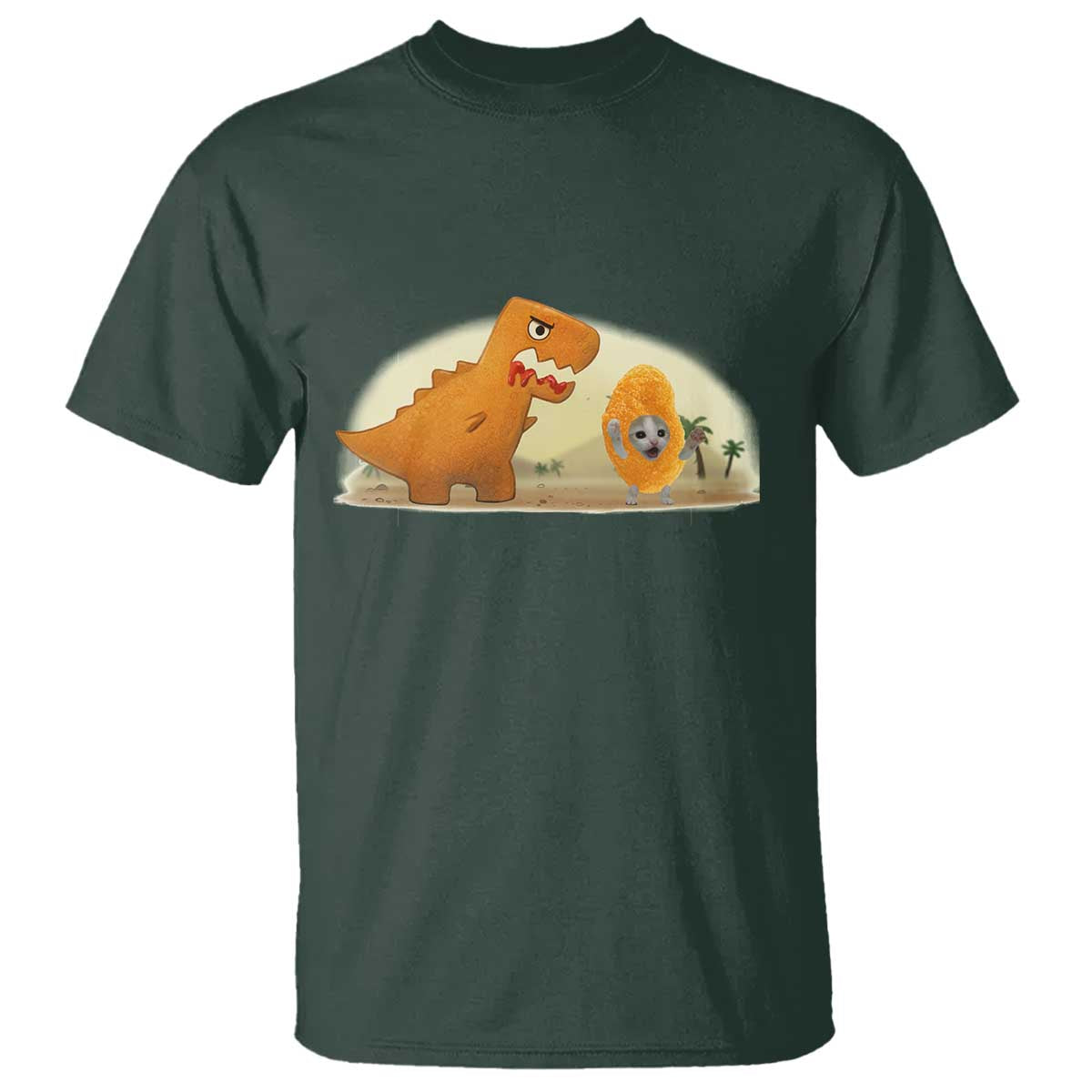 Dino Nuggets Chasing Cat T Shirt Funny Nugget Lover Gift TS12 Dark Forest Green Print Your Wear