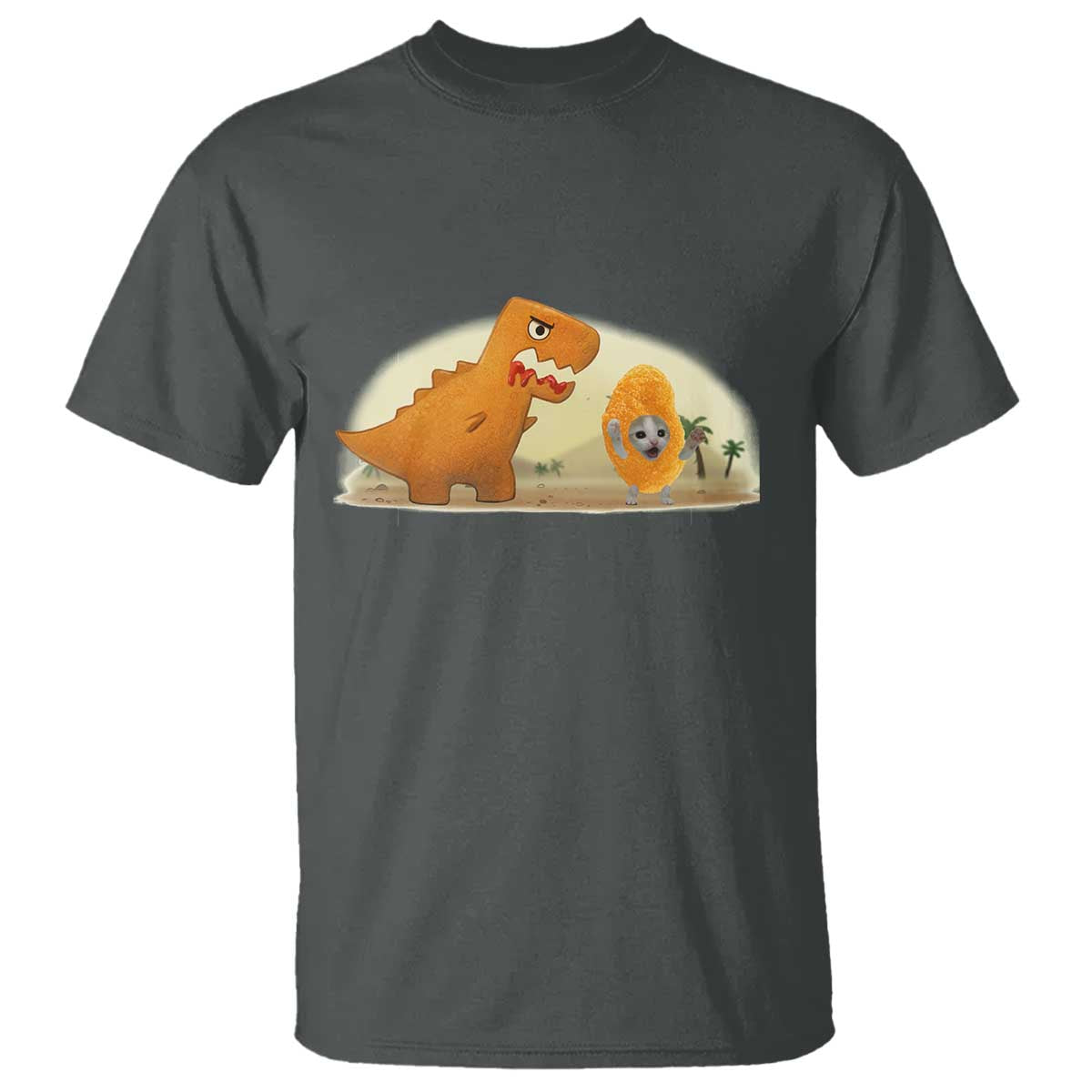 Dino Nuggets Chasing Cat T Shirt Funny Nugget Lover Gift TS12 Dark Heather Print Your Wear