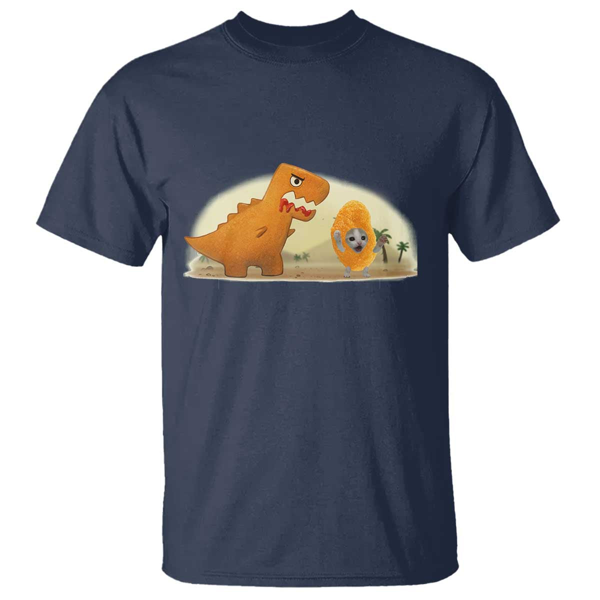 Dino Nuggets Chasing Cat T Shirt Funny Nugget Lover Gift TS12 Navy Print Your Wear