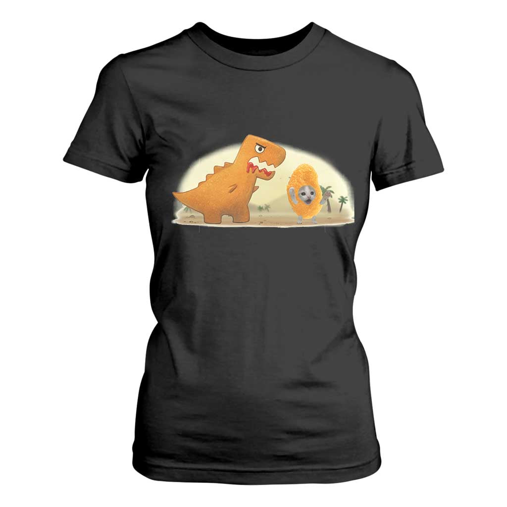 Dino Nuggets Chasing Cat T Shirt For Women Funny Nugget Lover Gift TS12 Black Print Your Wear