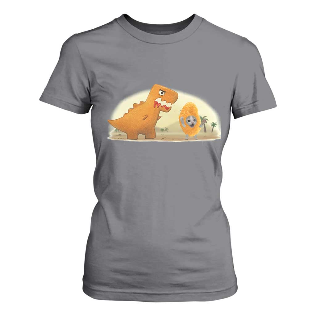 Dino Nuggets Chasing Cat T Shirt For Women Funny Nugget Lover Gift TS12 Charcoal Print Your Wear