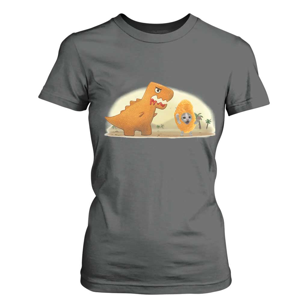 Dino Nuggets Chasing Cat T Shirt For Women Funny Nugget Lover Gift TS12 Dark Heather Print Your Wear