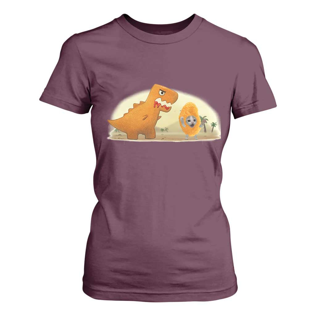 Dino Nuggets Chasing Cat T Shirt For Women Funny Nugget Lover Gift TS12 Maroon Print Your Wear