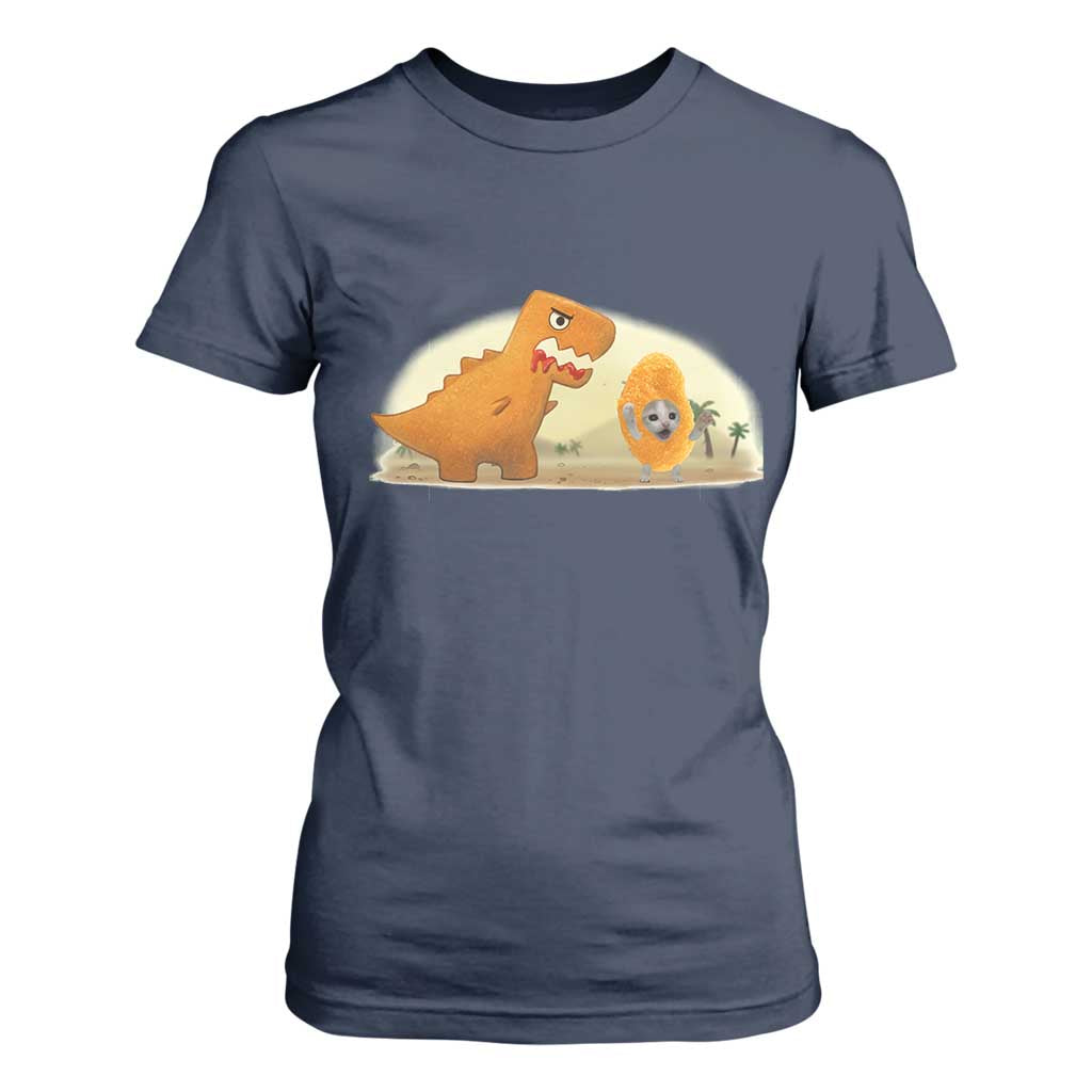 Dino Nuggets Chasing Cat T Shirt For Women Funny Nugget Lover Gift TS12 Navy Print Your Wear