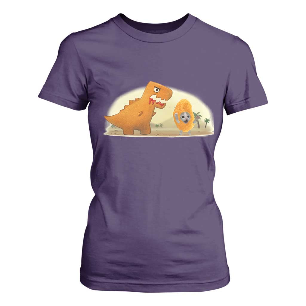 Dino Nuggets Chasing Cat T Shirt For Women Funny Nugget Lover Gift TS12 Purple Print Your Wear