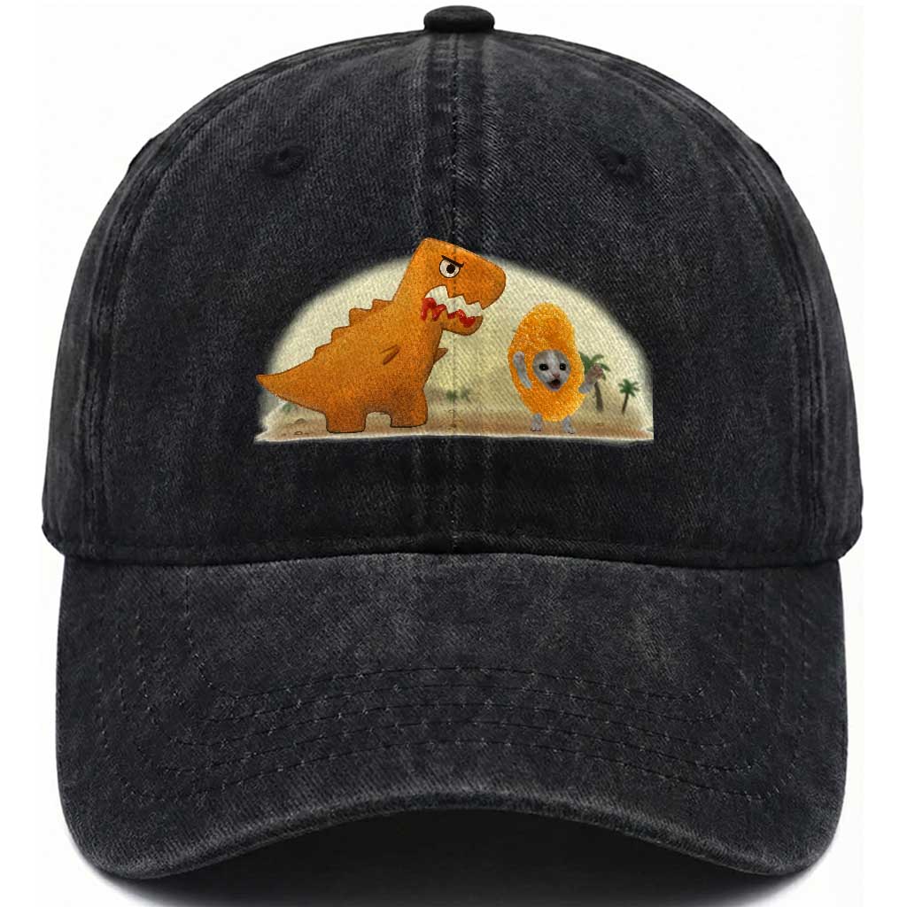Dino Nuggets Chasing Cat Washed Cotton Baseball Cap Funny Nugget Lover Gift TS12 Print Your Wear