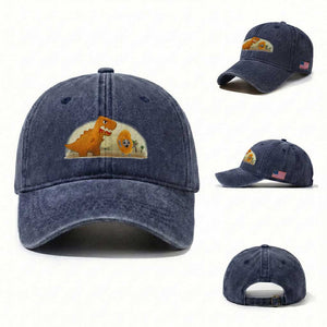 Dino Nuggets Chasing Cat Washed Cotton Baseball Cap Funny Nugget Lover Gift TS12 Washed Cap Universal Fit Navy Print Your Wear