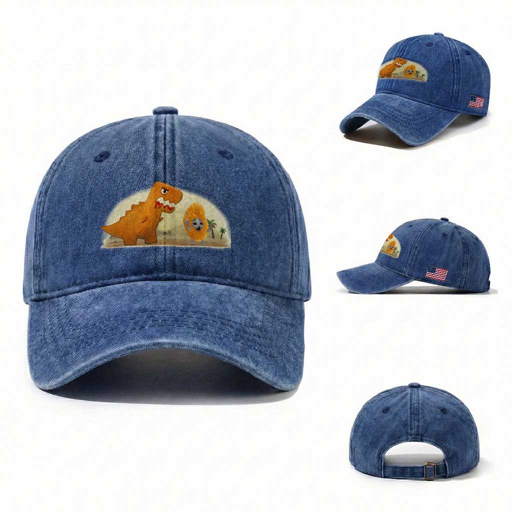 Dino Nuggets Chasing Cat Washed Cotton Baseball Cap Funny Nugget Lover Gift TS12 Washed Cap Universal Fit Royal Blue Print Your Wear