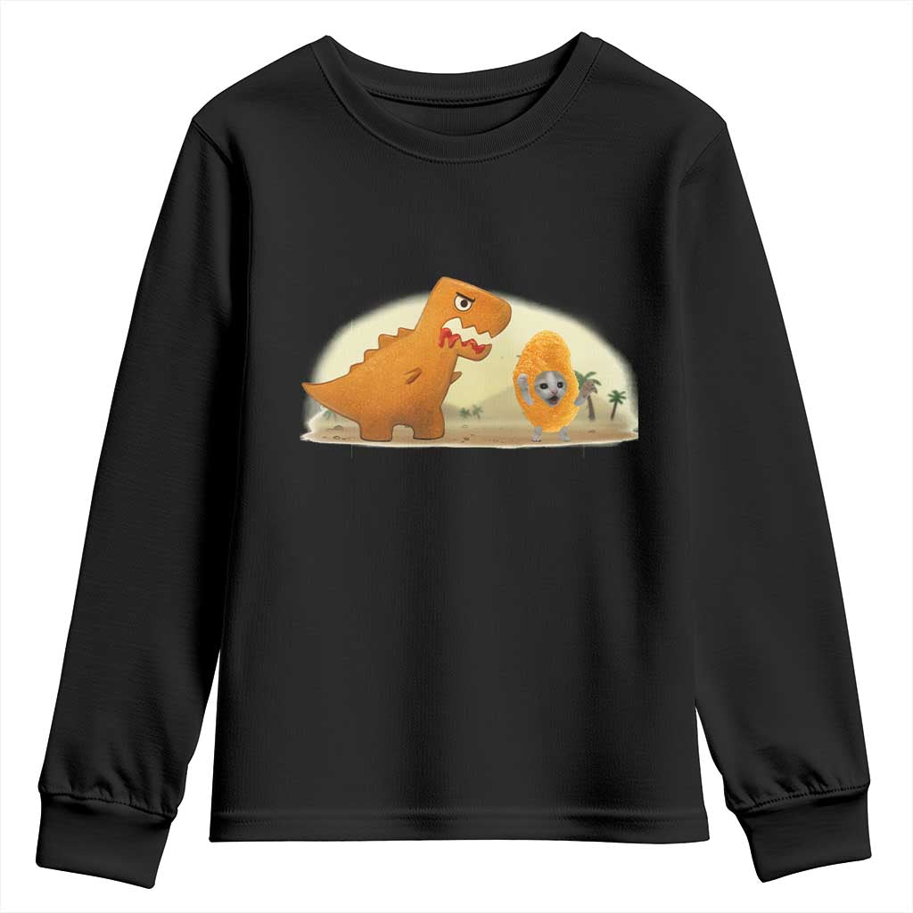 Dino Nuggets Chasing Cat Youth Sweatshirt Funny Nugget Lover Gift TS12 Black Print Your Wear