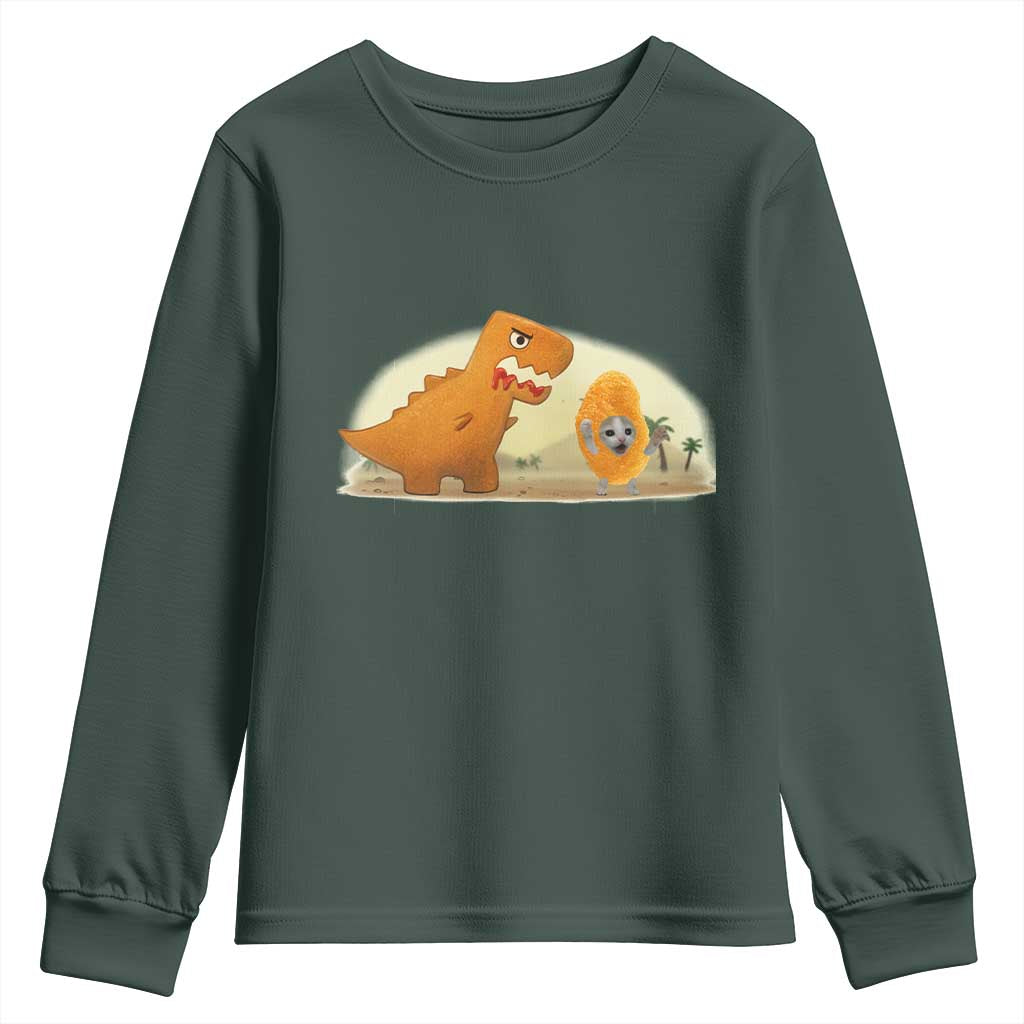 Dino Nuggets Chasing Cat Youth Sweatshirt Funny Nugget Lover Gift TS12 Dark Forest Green Print Your Wear