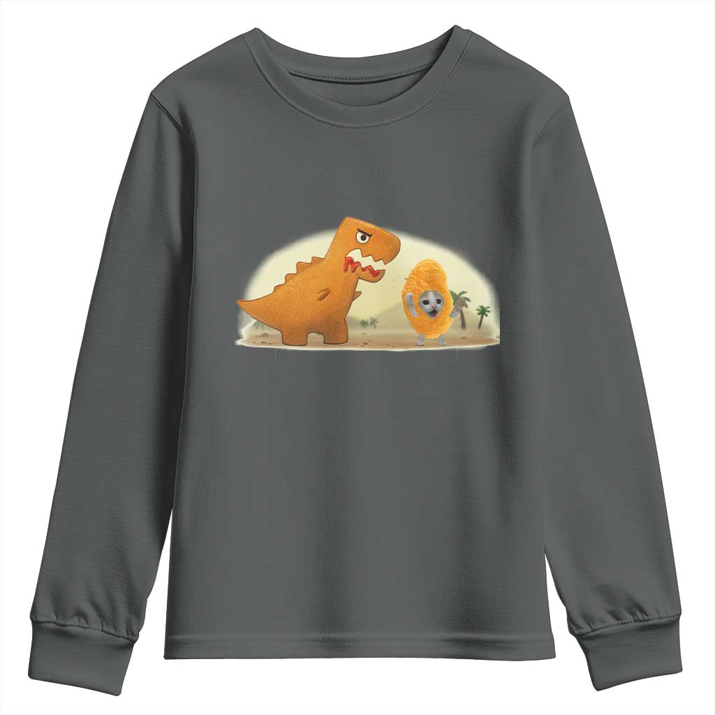 Dino Nuggets Chasing Cat Youth Sweatshirt Funny Nugget Lover Gift TS12 Dark Heather Print Your Wear